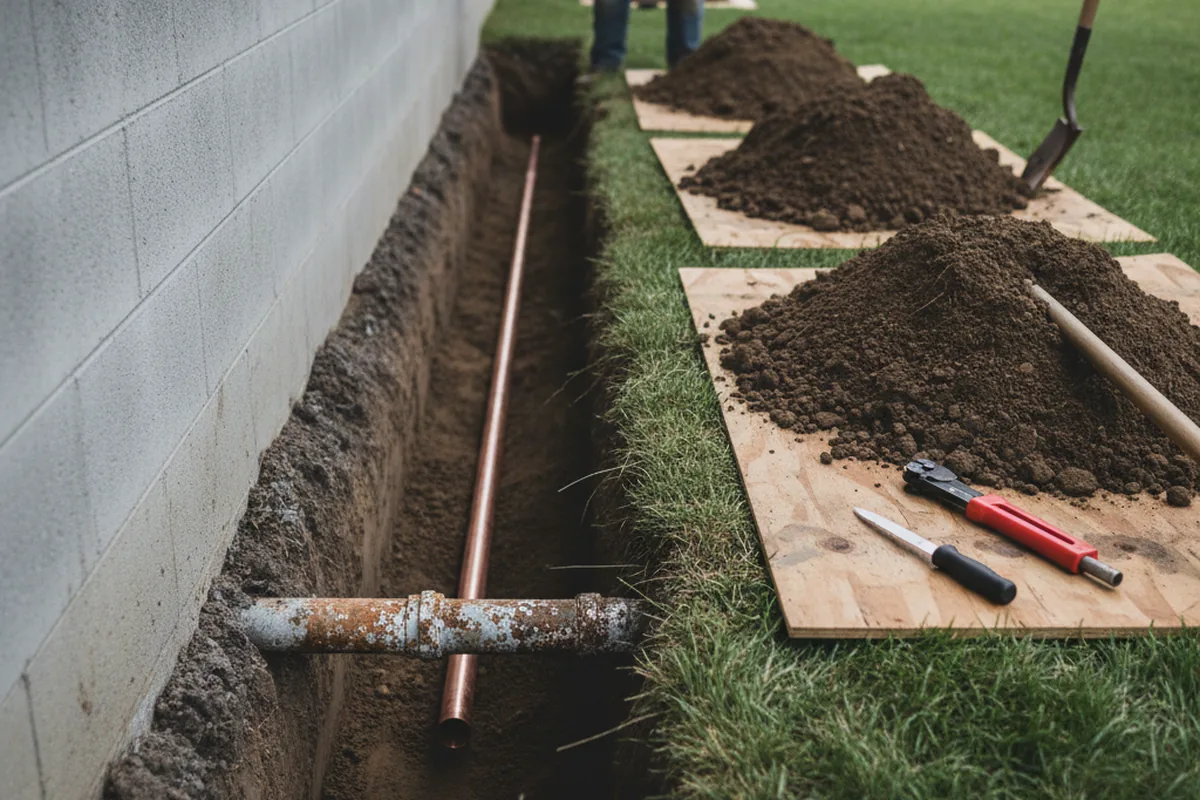 Excavated water line trench during Water Softener Installation in West Monroe